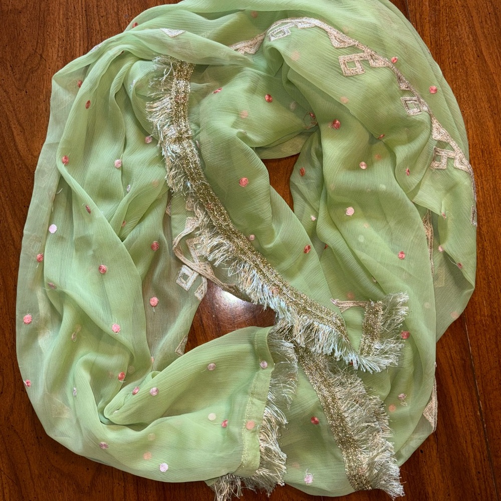 Embroidered Green Dress with Pink Floral Accents With Pants & Scarf - Picture 8 of 8